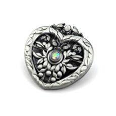 3D metal pin in heart shape with gems and floral designs
